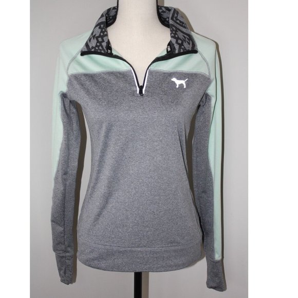 PINK Victoria's Secret Tops - Victoria's Secret PINK Pullover Sweatshirt Thumbholes 1/4 Zip Gray/Teal Womens S